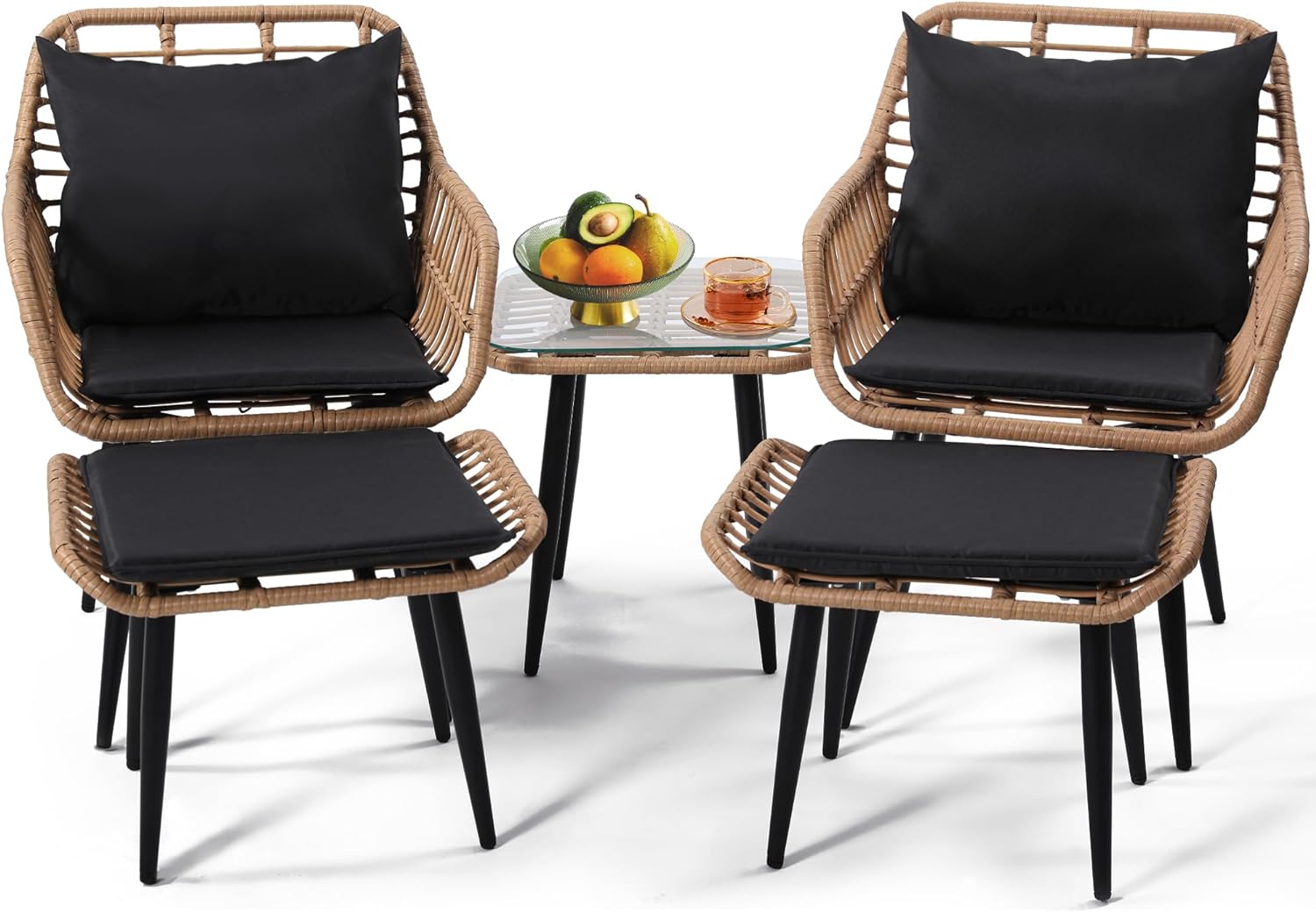 5 Piece Wicker Bistro Patio Conversation Furniture Set, Includes 2 Chairs, 2 Ottomans, and Side Table