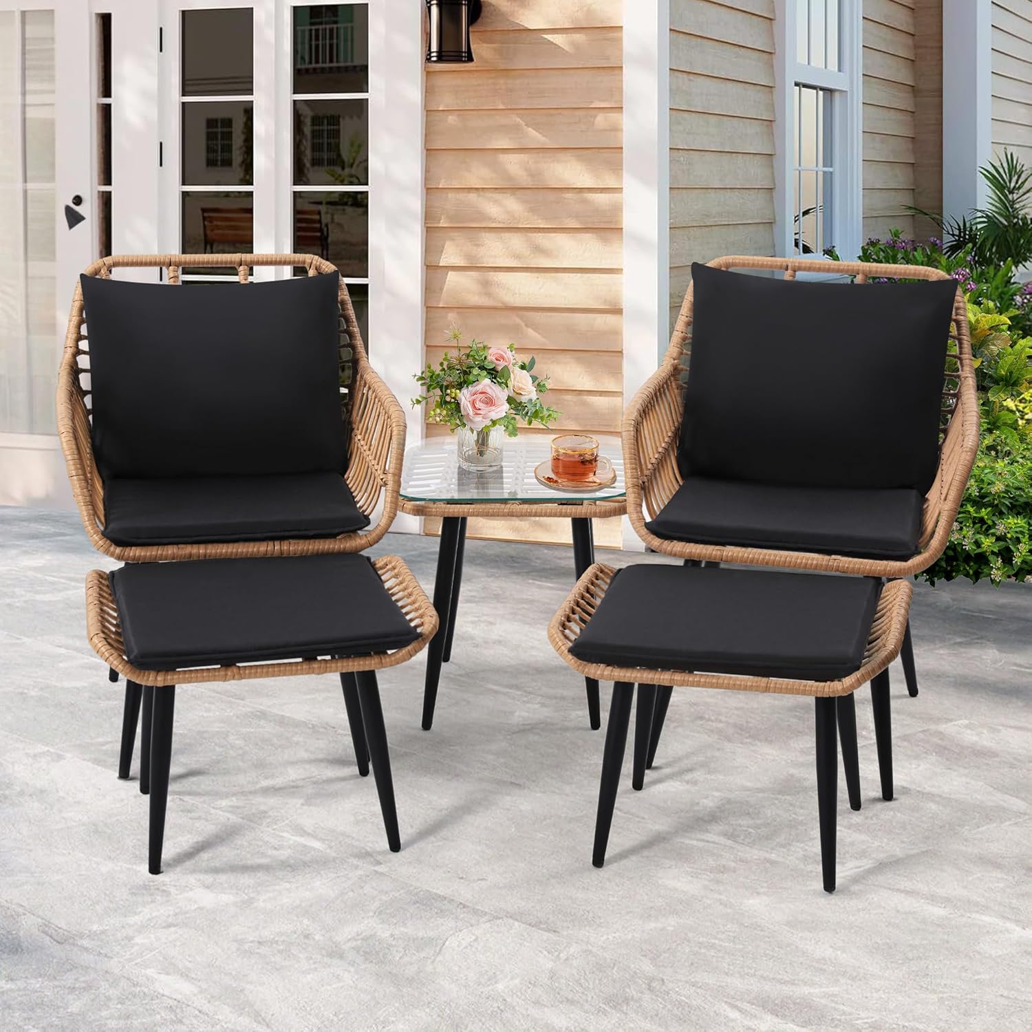 5 Piece Wicker Bistro Patio Conversation Furniture Set, Includes 2 Chairs, 2 Ottomans, and Side Table