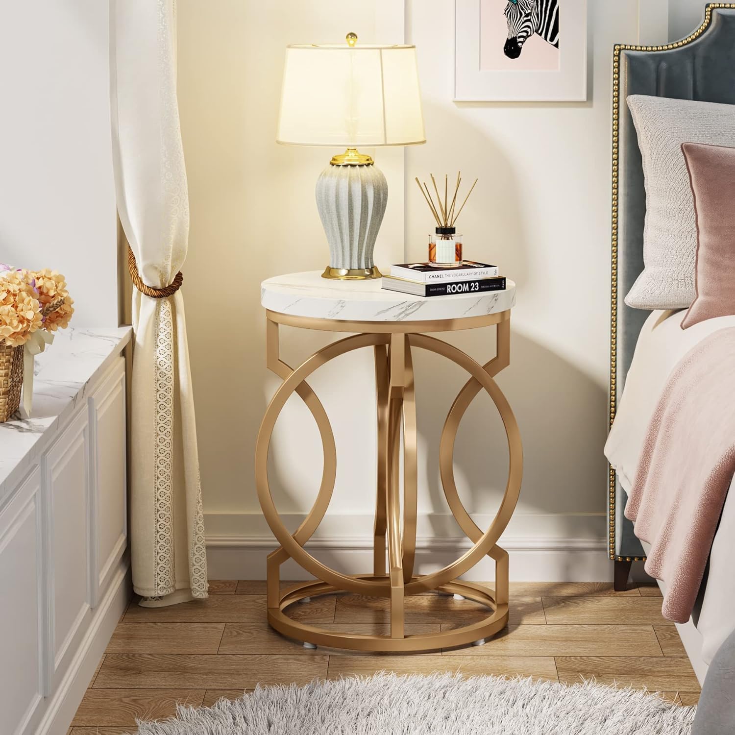 Modern Round End Table with Thickened Top, 20" Gold Side Table with Unique O-Shaped Base, Midcentury Accent Table Nightstand for Living Room Bedroom, White + Gold