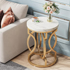 Modern Round End Table with Thickened Top, 20" Gold Side Table with Unique O-Shaped Base, Midcentury Accent Table Nightstand for Living Room Bedroom, White + Gold