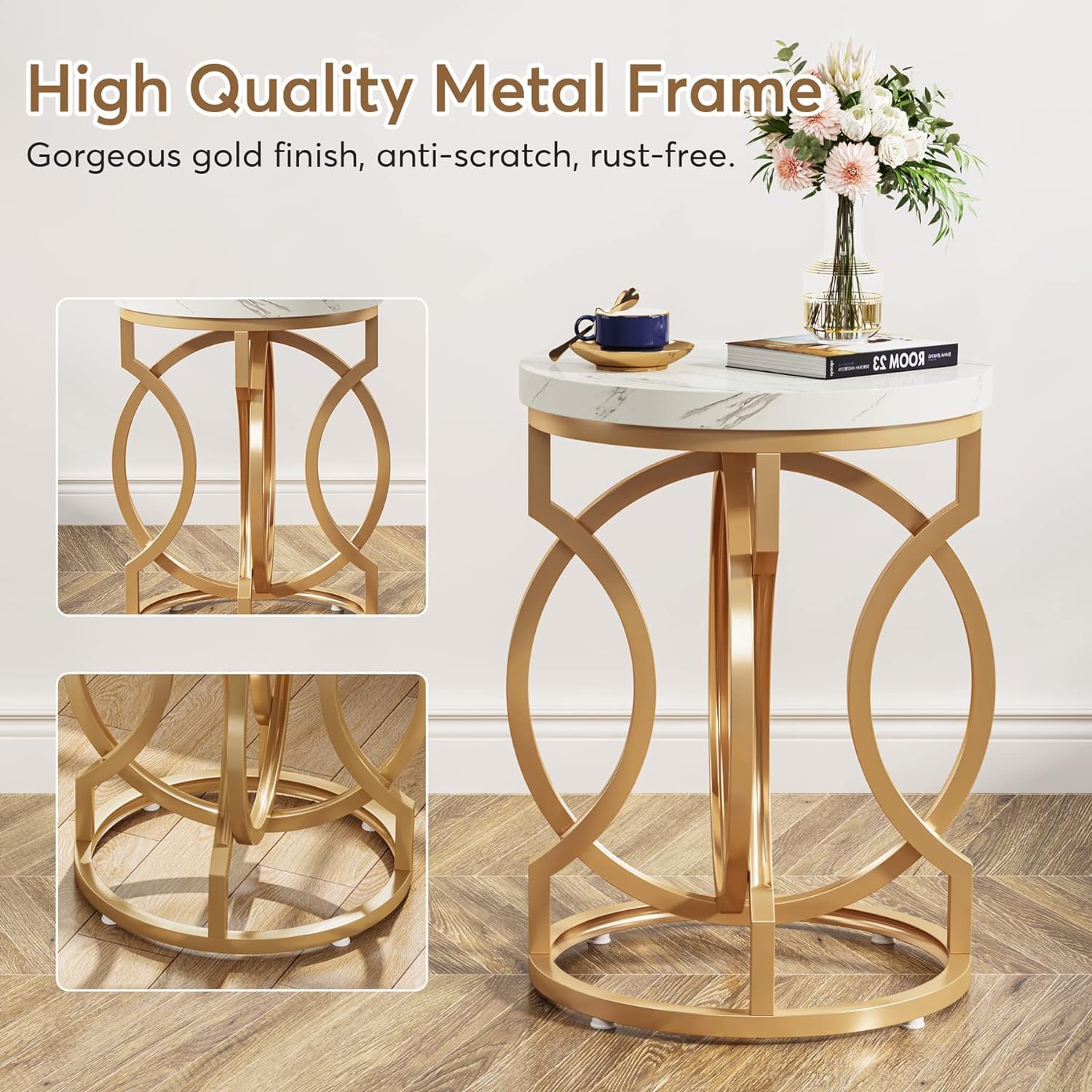 Modern Round End Table with Thickened Top, 20" Gold Side Table with Unique O-Shaped Base, Midcentury Accent Table Nightstand for Living Room Bedroom, White + Gold