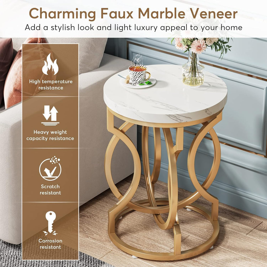Modern Round End Table with Thickened Top, 20" Gold Side Table with Unique O-Shaped Base, Midcentury Accent Table Nightstand for Living Room Bedroom, White + Gold