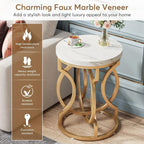 Modern Round End Table with Thickened Top, 20" Gold Side Table with Unique O-Shaped Base, Midcentury Accent Table Nightstand for Living Room Bedroom, White + Gold