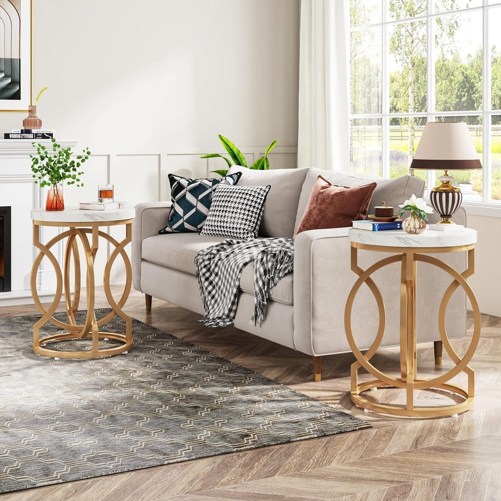 Modern Round End Table with Thickened Top, 20" Gold Side Table with Unique O-Shaped Base, Midcentury Accent Table Nightstand for Living Room Bedroom, White + Gold