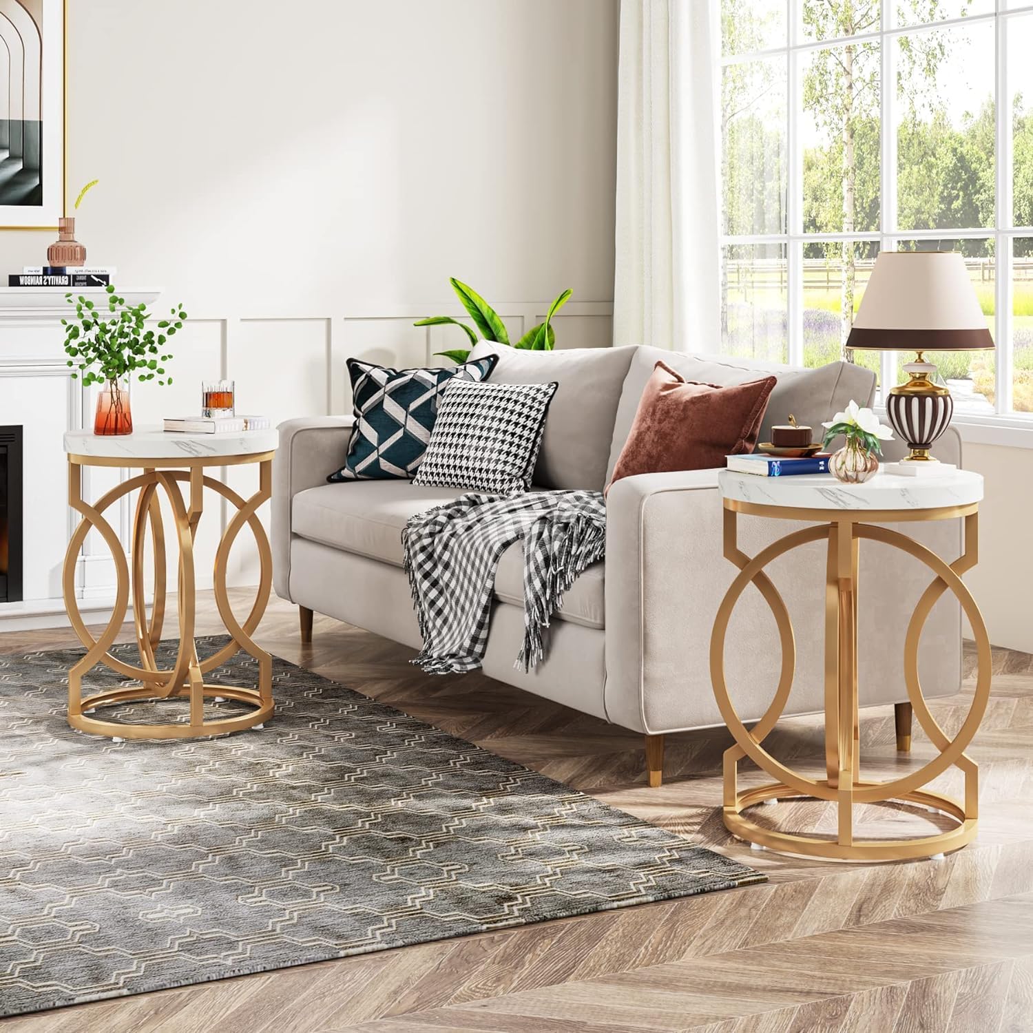 Modern Round End Table with Thickened Top, 20" Gold Side Table with Unique O-Shaped Base, Midcentury Accent Table Nightstand for Living Room Bedroom, White + Gold