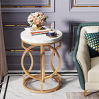 Modern Round End Table with Thickened Top, 20" Gold Side Table with Unique O-Shaped Base, Midcentury Accent Table Nightstand for Living Room Bedroom, White + Gold
