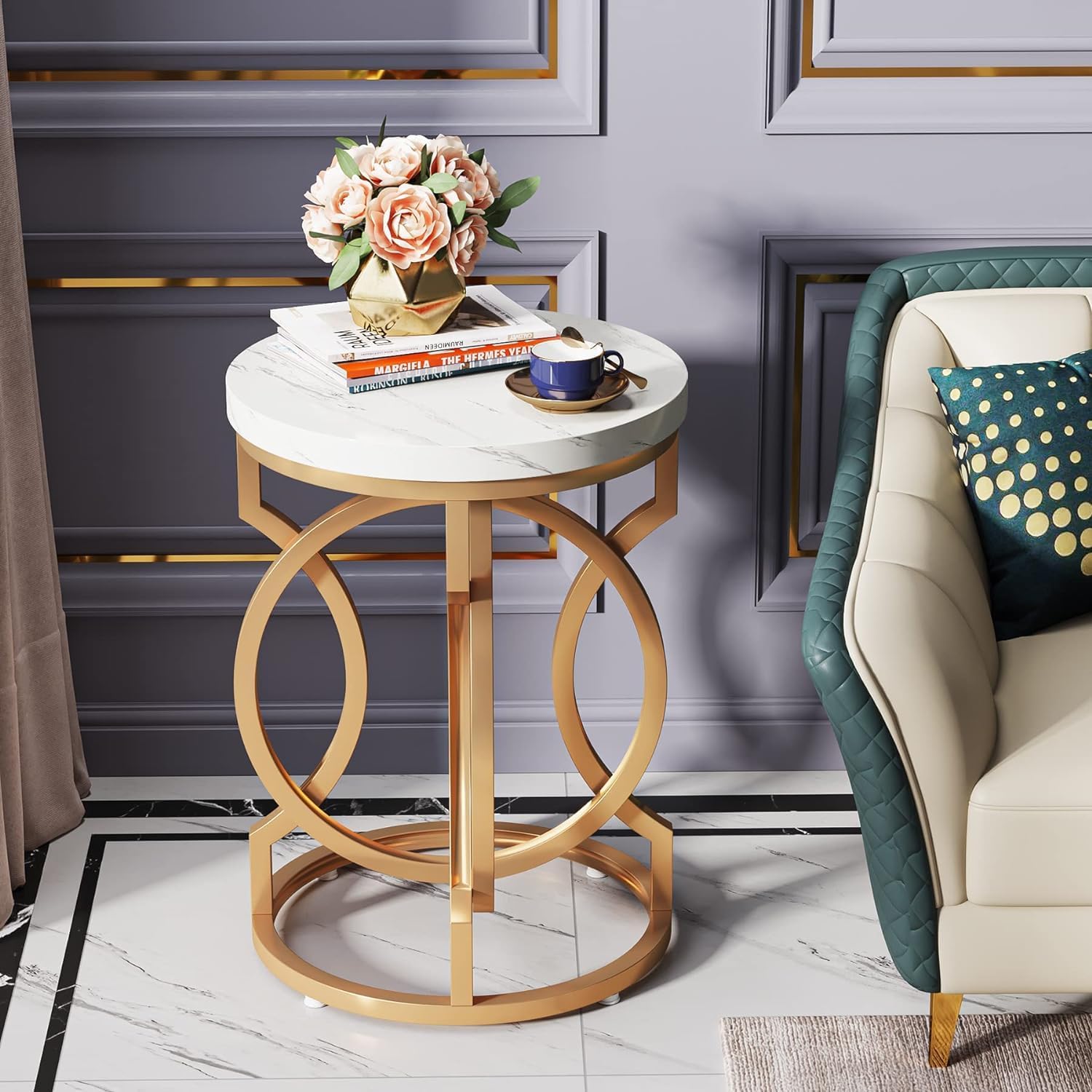 Modern Round End Table with Thickened Top, 20" Gold Side Table with Unique O-Shaped Base, Midcentury Accent Table Nightstand for Living Room Bedroom, White + Gold