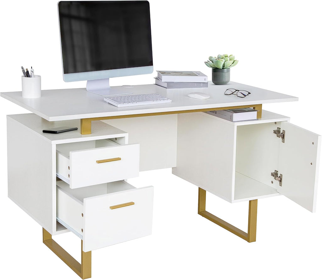 Writing Desk Table Storage Drawers and Cabinet Modern Office Large Floating Desktop Surface White/Gold
