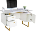 Writing Desk Table Storage Drawers and Cabinet Modern Office Large Floating Desktop Surface White/Gold