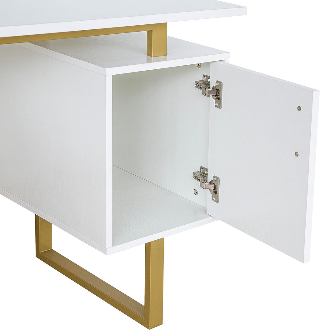 Writing Desk Table Storage Drawers and Cabinet Modern Office Large Floating Desktop Surface White/Gold