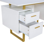 Writing Desk Table Storage Drawers and Cabinet Modern Office Large Floating Desktop Surface White/Gold