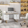 Writing Desk Table Storage Drawers and Cabinet Modern Office Large Floating Desktop Surface White/Gold