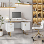 Writing Desk Table Storage Drawers and Cabinet Modern Office Large Floating Desktop Surface White/Gold