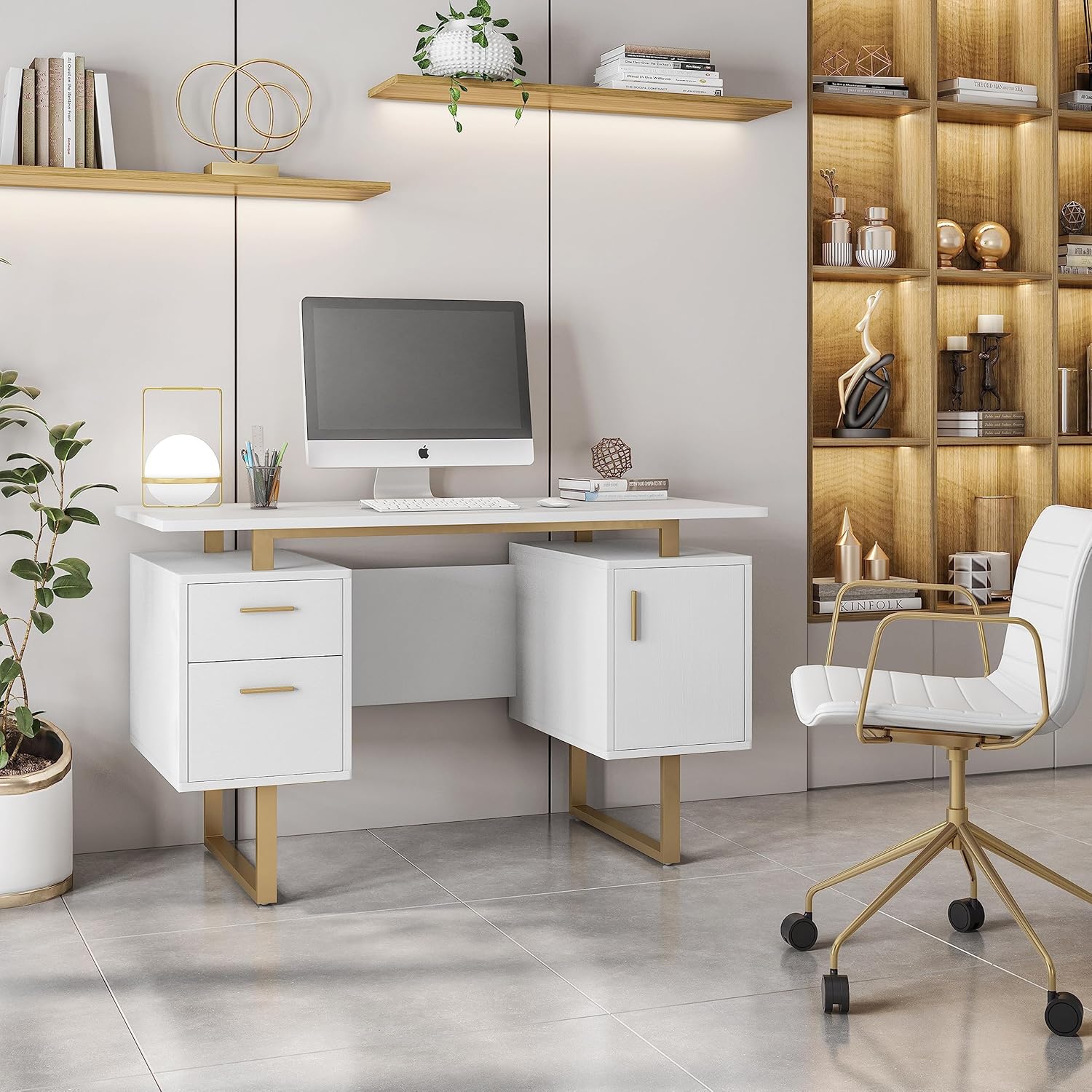 Writing Desk Table Storage Drawers and Cabinet Modern Office Large Floating Desktop Surface White/Gold