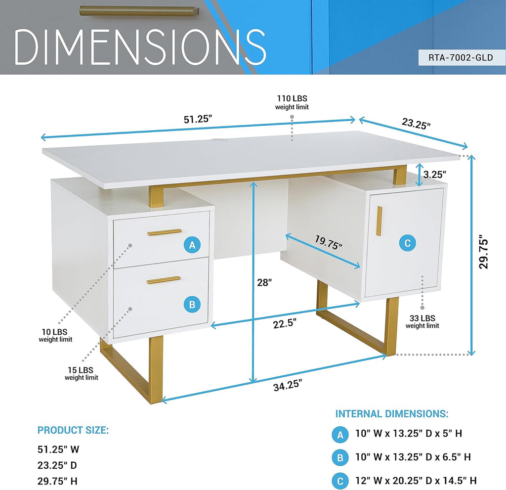 Writing Desk Table Storage Drawers and Cabinet Modern Office Large Floating Desktop Surface White/Gold