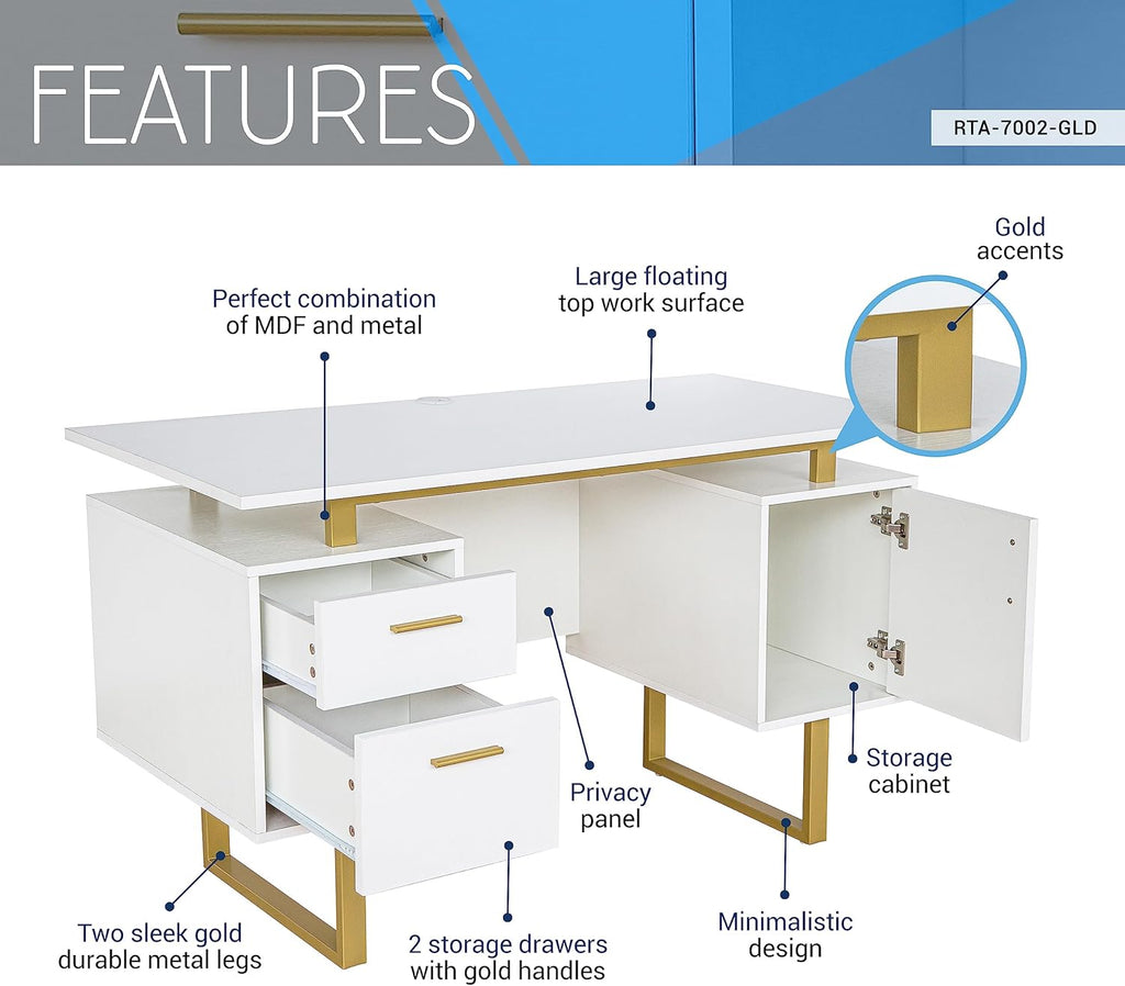 Writing Desk Table Storage Drawers and Cabinet Modern Office Large Floating Desktop Surface White/Gold
