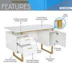 Writing Desk Table Storage Drawers and Cabinet Modern Office Large Floating Desktop Surface White/Gold