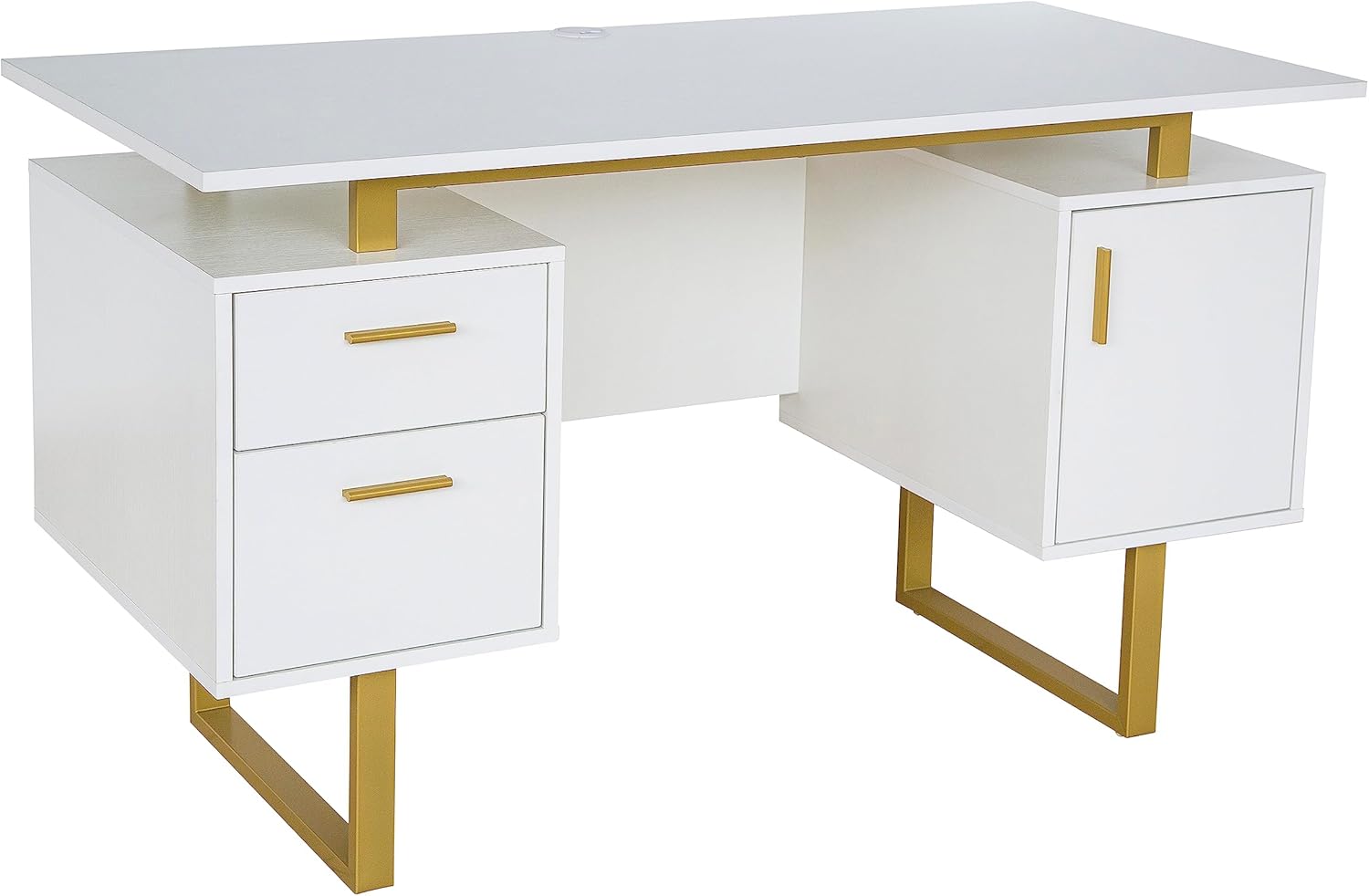 Writing Desk Table Storage Drawers and Cabinet Modern Office Large Floating Desktop Surface White/Gold