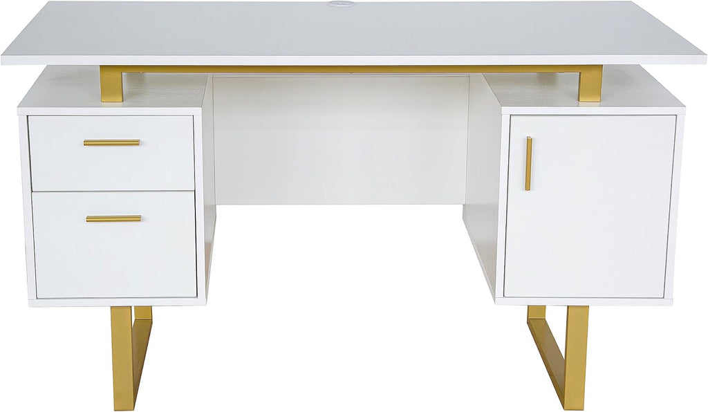 Writing Desk Table Storage Drawers and Cabinet Modern Office Large Floating Desktop Surface White/Gold