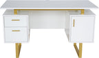 Writing Desk Table Storage Drawers and Cabinet Modern Office Large Floating Desktop Surface White/Gold
