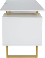 Writing Desk Table Storage Drawers and Cabinet Modern Office Large Floating Desktop Surface White/Gold