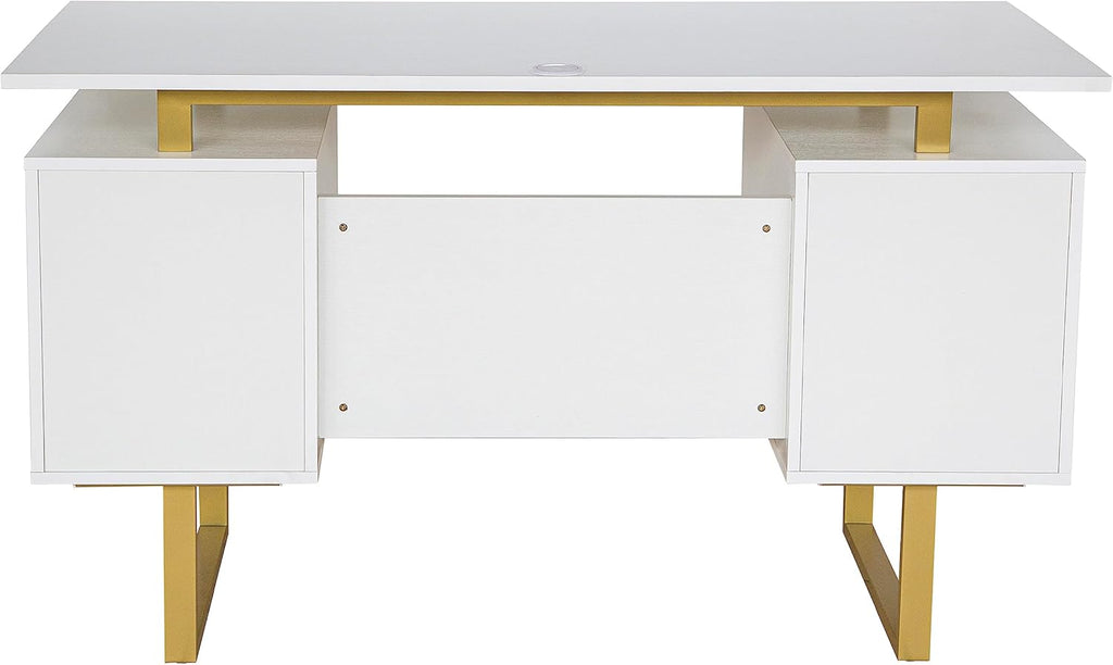 Writing Desk Table Storage Drawers and Cabinet Modern Office Large Floating Desktop Surface White/Gold