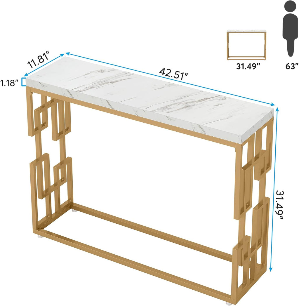 Modern Console Table for Entryway, 42.5-Inch Behind Sofa Table with Faux Marble Tabletop, Engineered Wood Entry Furniture for Hallway, Foyer, Living Room, Easy Assembly, White and Gold