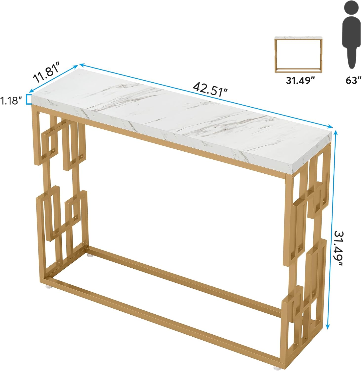 Modern Console Table for Entryway, 42.5-Inch Behind Sofa Table with Faux Marble Tabletop, Engineered Wood Entry Furniture for Hallway, Foyer, Living Room, Easy Assembly, White and Gold