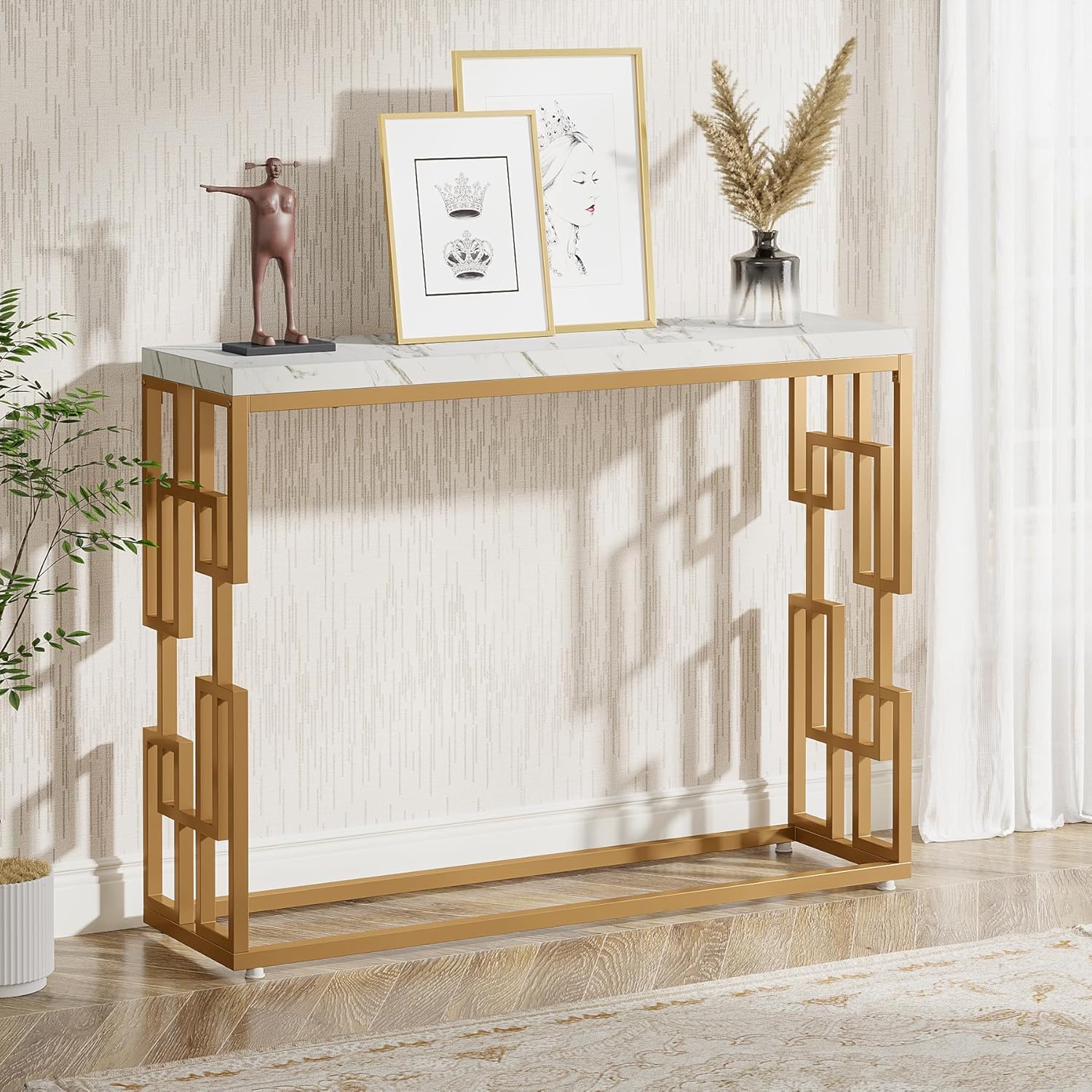 Modern Console Table for Entryway, 42.5-Inch Behind Sofa Table with Faux Marble Tabletop, Engineered Wood Entry Furniture for Hallway, Foyer, Living Room, Easy Assembly, White and Gold