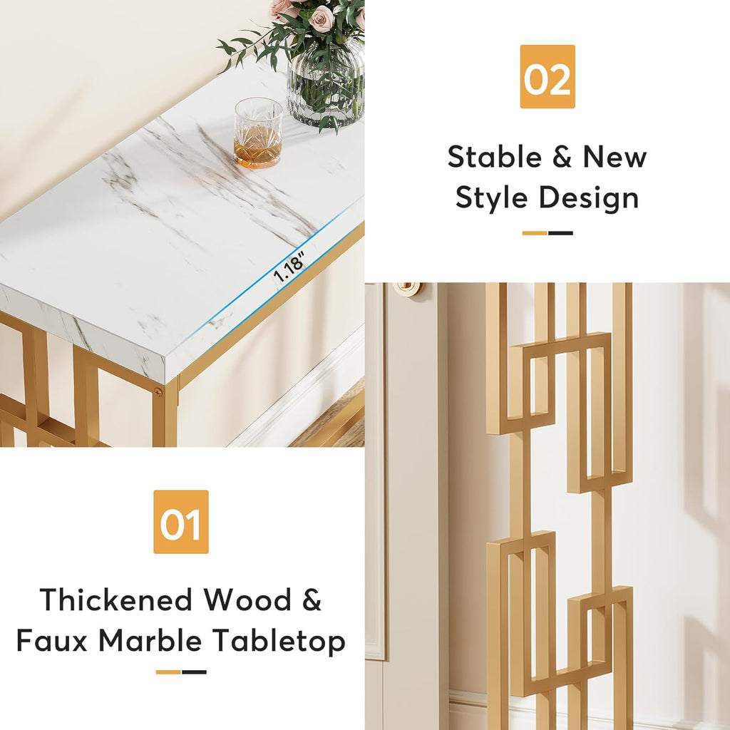 Modern Console Table for Entryway, 42.5-Inch Behind Sofa Table with Faux Marble Tabletop, Engineered Wood Entry Furniture for Hallway, Foyer, Living Room, Easy Assembly, White and Gold