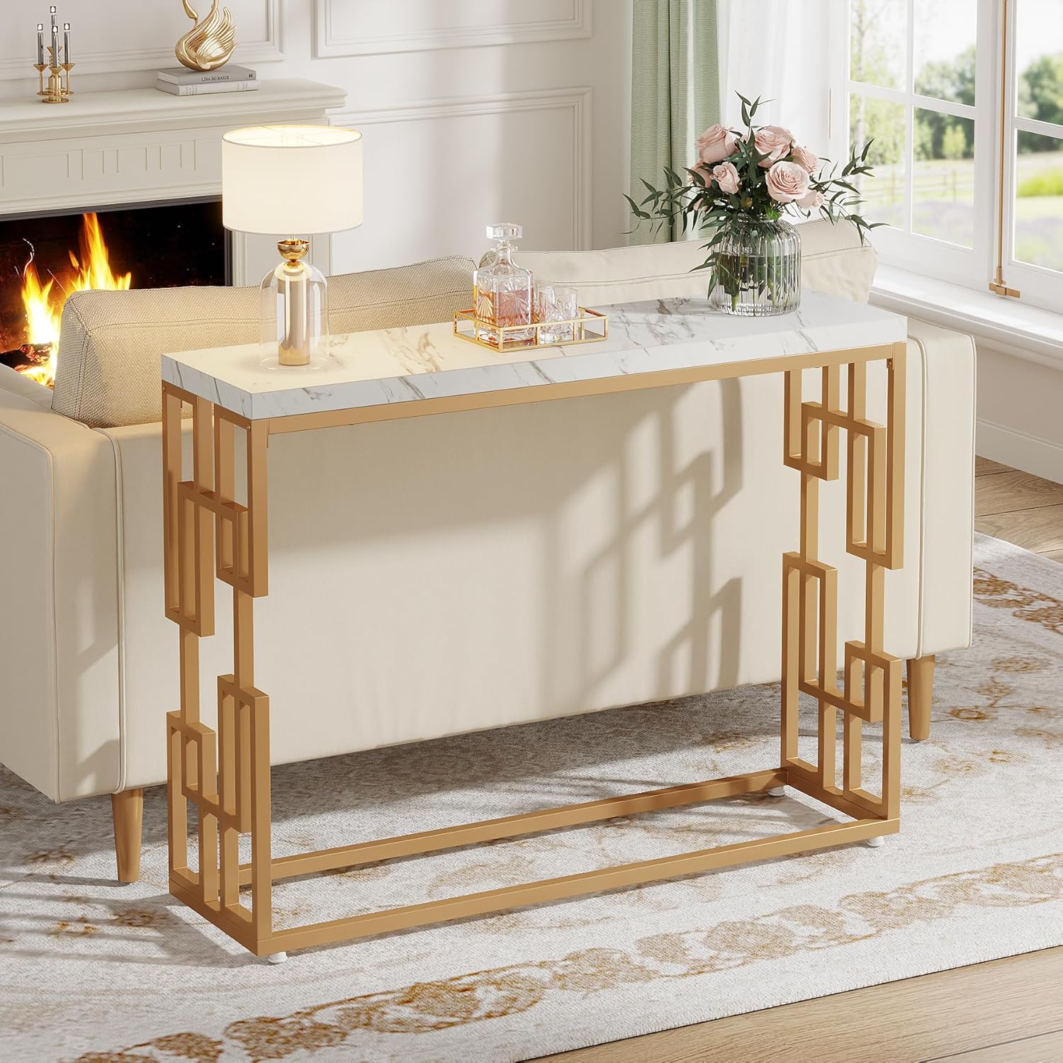 Modern Console Table for Entryway, 42.5-Inch Behind Sofa Table with Faux Marble Tabletop, Engineered Wood Entry Furniture for Hallway, Foyer, Living Room, Easy Assembly, White and Gold