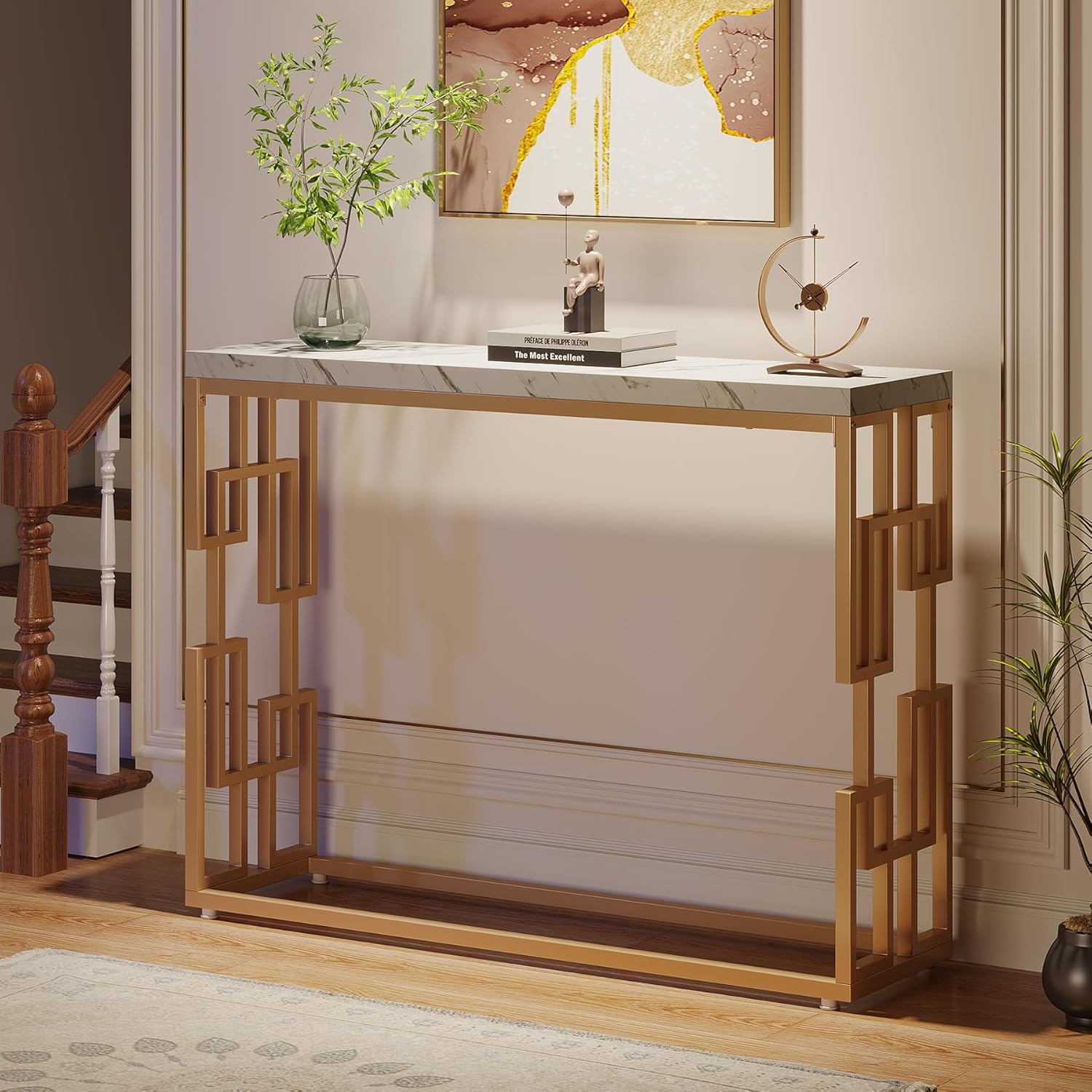 Modern Console Table for Entryway, 42.5-Inch Behind Sofa Table with Faux Marble Tabletop, Engineered Wood Entry Furniture for Hallway, Foyer, Living Room, Easy Assembly, White and Gold