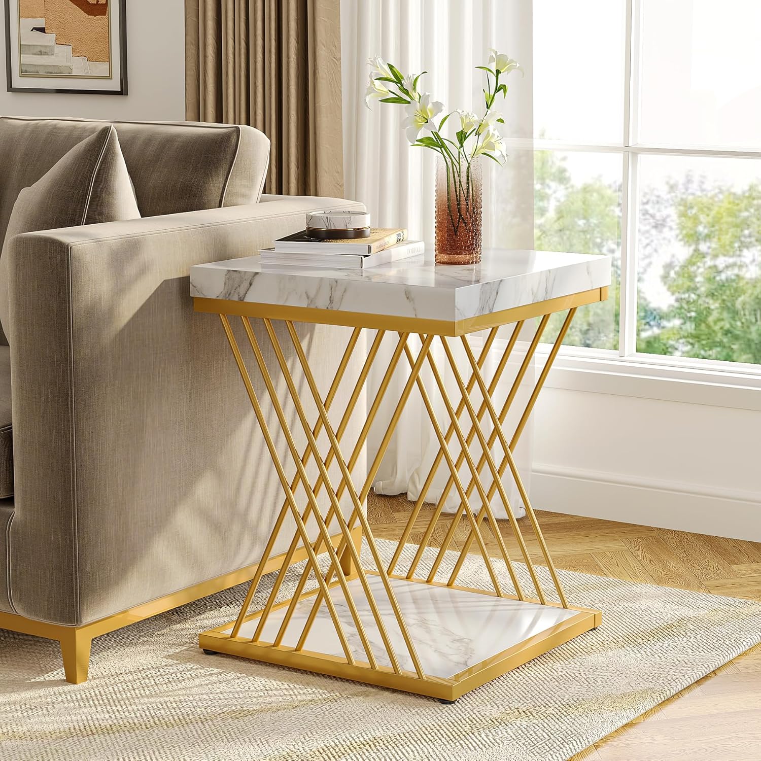 Square Side Table White Gold End Table 2-Tier Modern Small Bedside Accent Tables with Storage for Couch, Sofa Chairside Tables with Metal Frame for Living Room