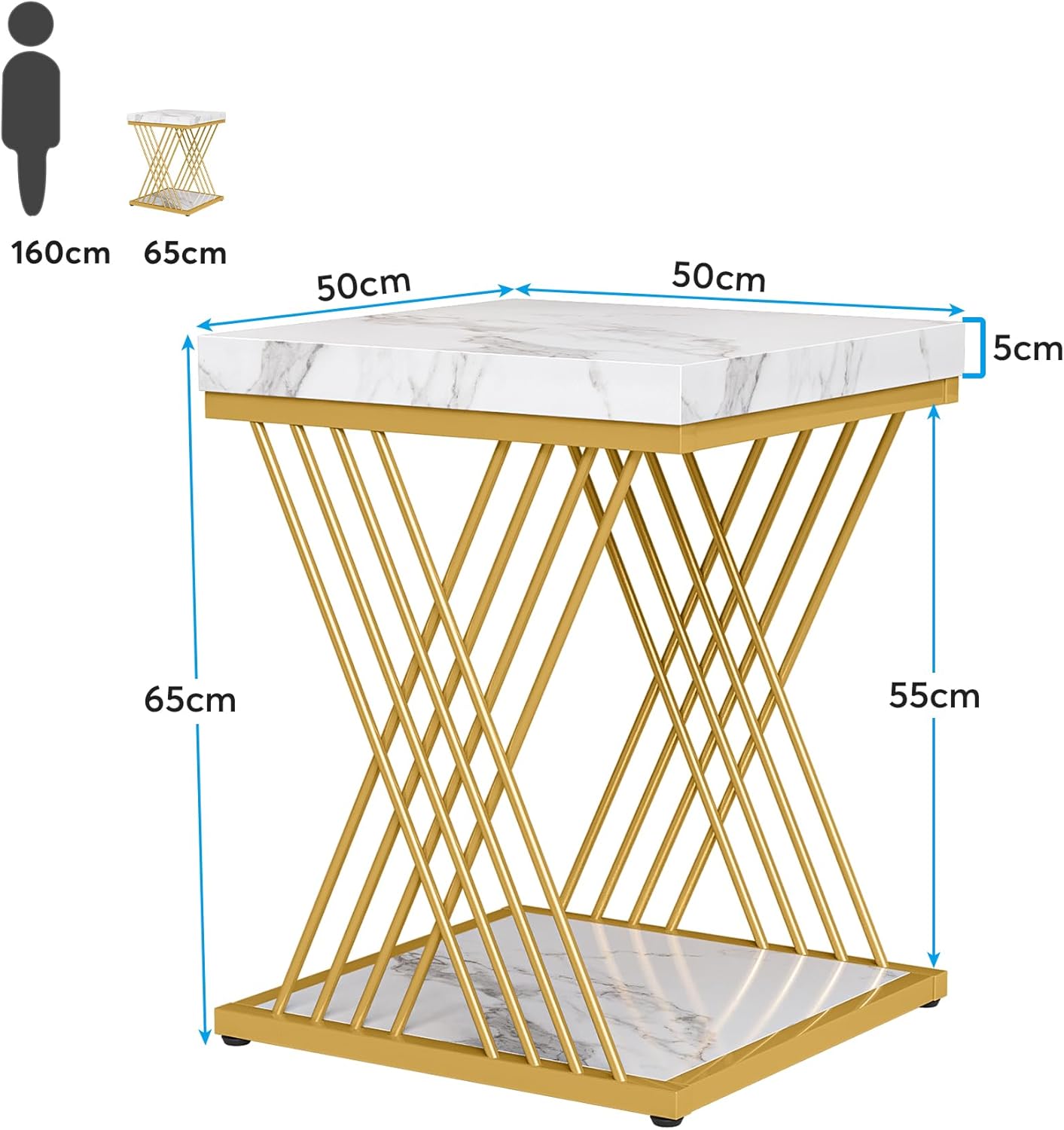 Square Side Table White Gold End Table 2-Tier Modern Small Bedside Accent Tables with Storage for Couch, Sofa Chairside Tables with Metal Frame for Living Room