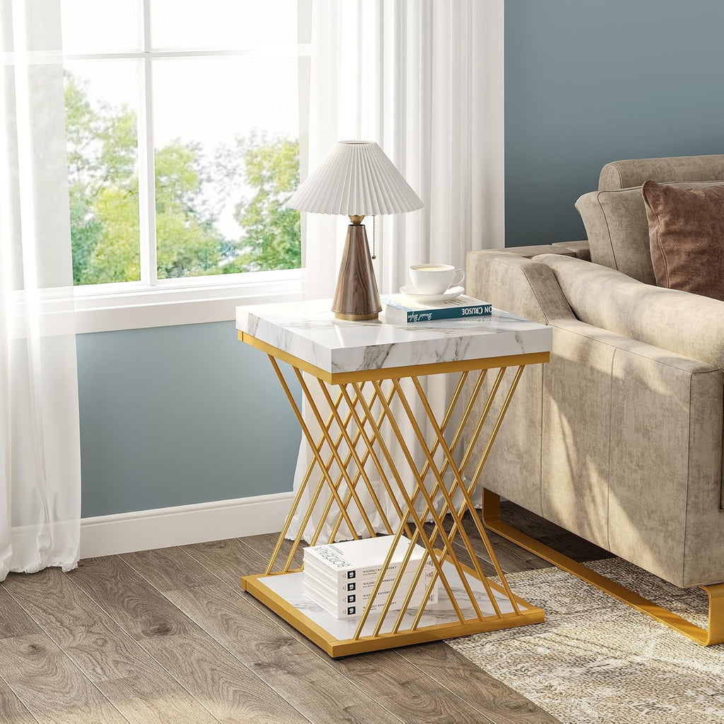 Square Side Table White Gold End Table 2-Tier Modern Small Bedside Accent Tables with Storage for Couch, Sofa Chairside Tables with Metal Frame for Living Room