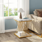 Square Side Table White Gold End Table 2-Tier Modern Small Bedside Accent Tables with Storage for Couch, Sofa Chairside Tables with Metal Frame for Living Room