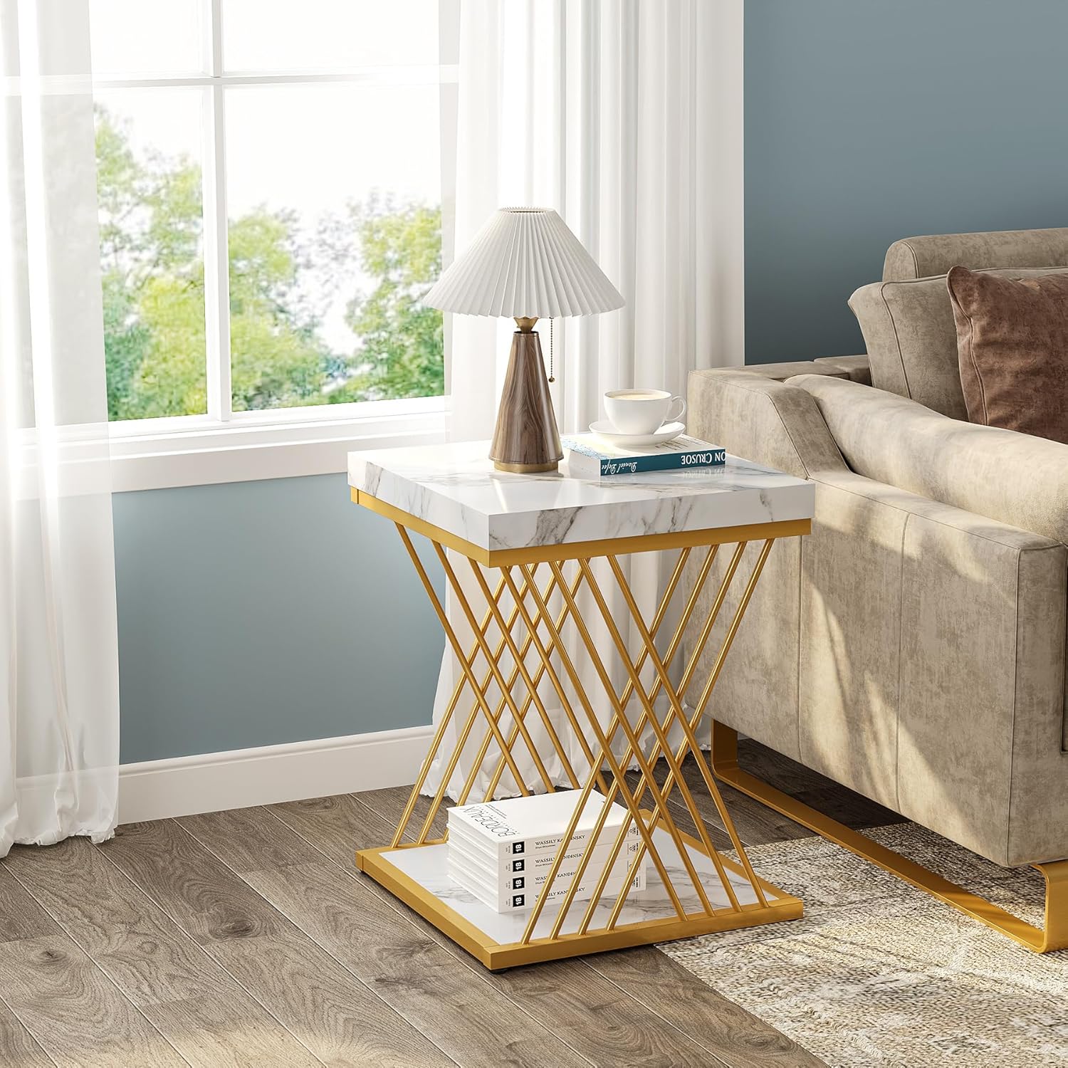 Square Side Table White Gold End Table 2-Tier Modern Small Bedside Accent Tables with Storage for Couch, Sofa Chairside Tables with Metal Frame for Living Room
