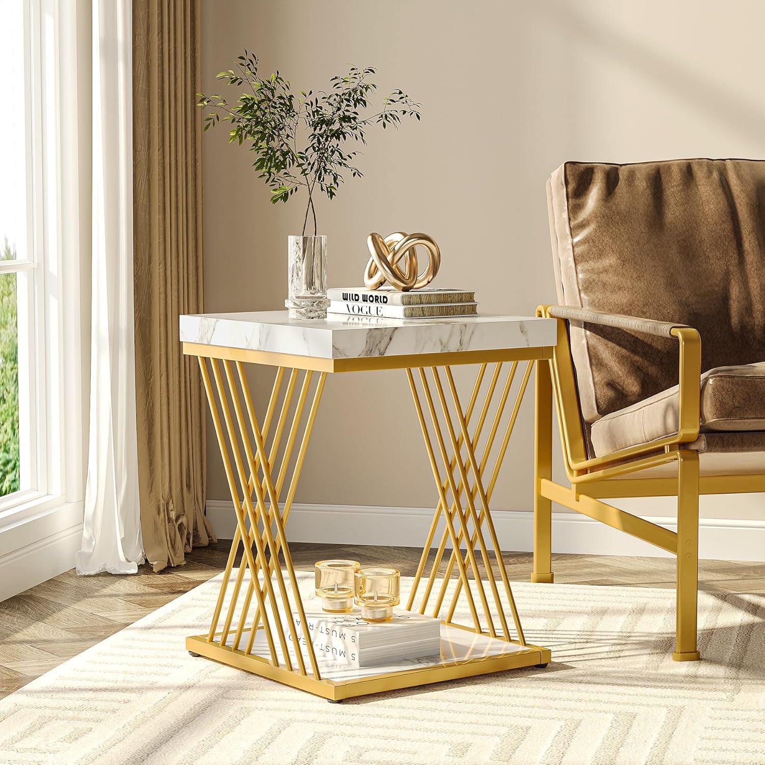 Square Side Table White Gold End Table 2-Tier Modern Small Bedside Accent Tables with Storage for Couch, Sofa Chairside Tables with Metal Frame for Living Room
