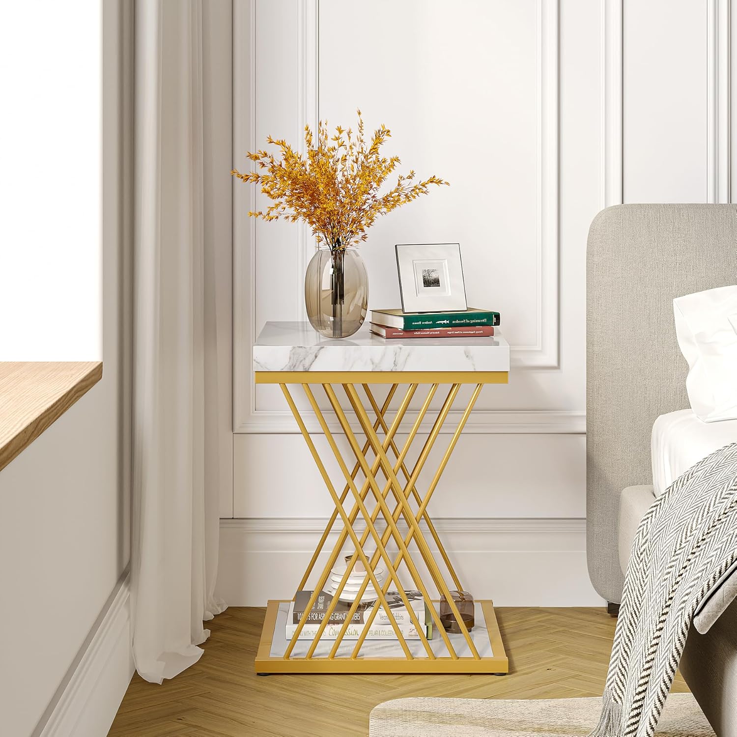 Square Side Table White Gold End Table 2-Tier Modern Small Bedside Accent Tables with Storage for Couch, Sofa Chairside Tables with Metal Frame for Living Room