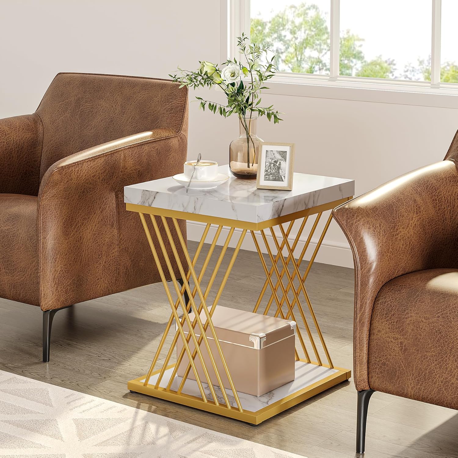 Square Side Table White Gold End Table 2-Tier Modern Small Bedside Accent Tables with Storage for Couch, Sofa Chairside Tables with Metal Frame for Living Room