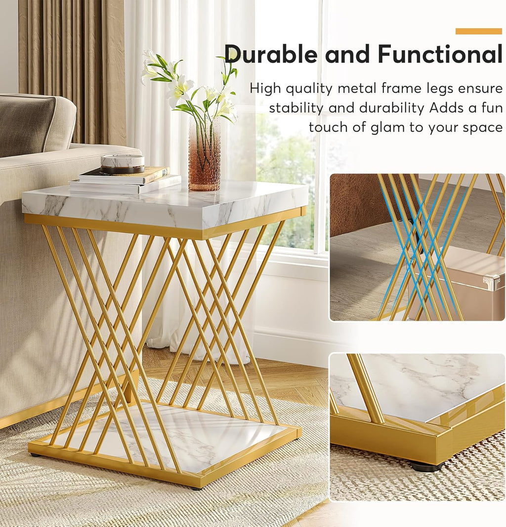Square Side Table White Gold End Table 2-Tier Modern Small Bedside Accent Tables with Storage for Couch, Sofa Chairside Tables with Metal Frame for Living Room