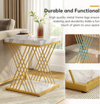 Square Side Table White Gold End Table 2-Tier Modern Small Bedside Accent Tables with Storage for Couch, Sofa Chairside Tables with Metal Frame for Living Room