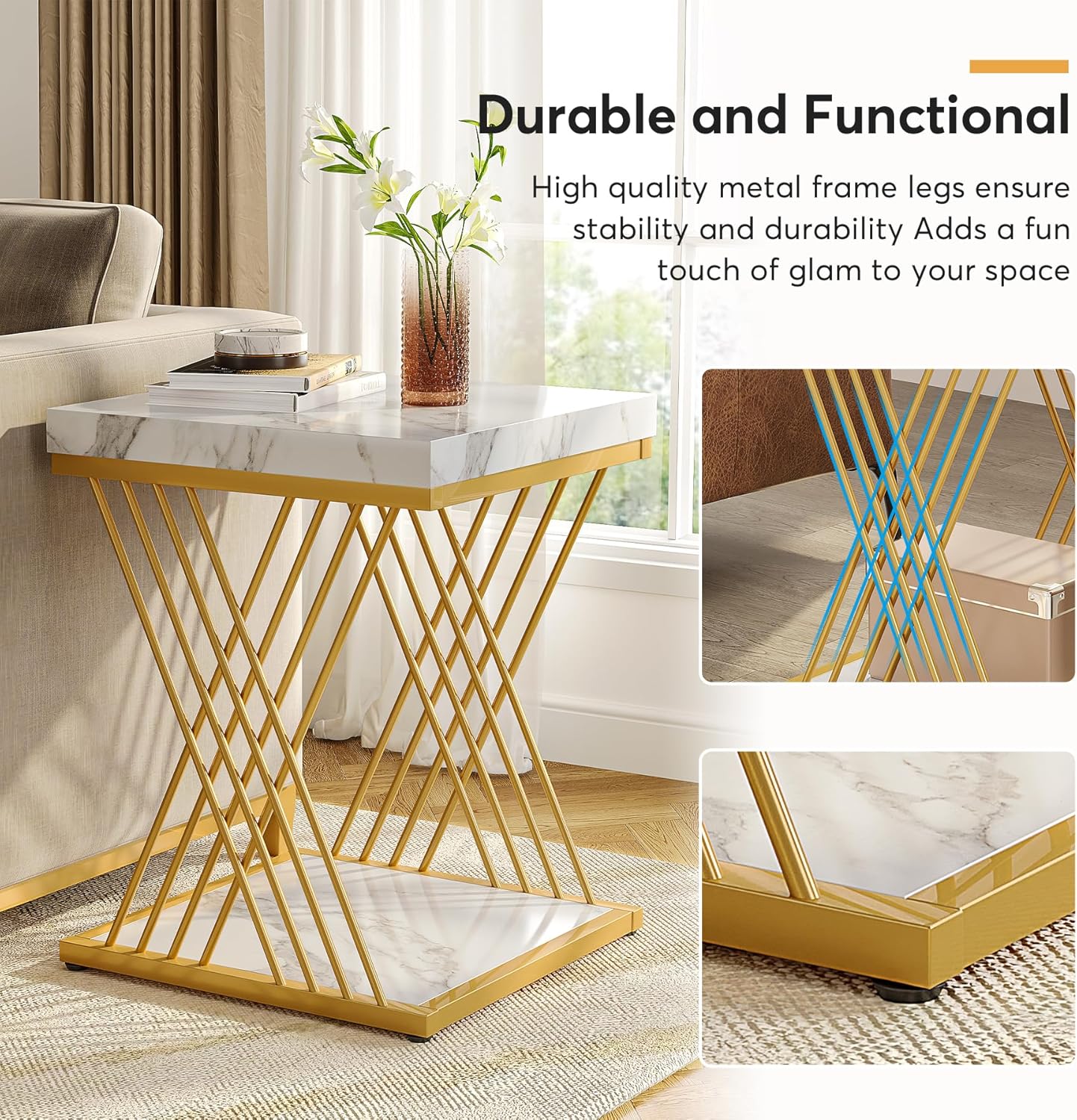 Square Side Table White Gold End Table 2-Tier Modern Small Bedside Accent Tables with Storage for Couch, Sofa Chairside Tables with Metal Frame for Living Room