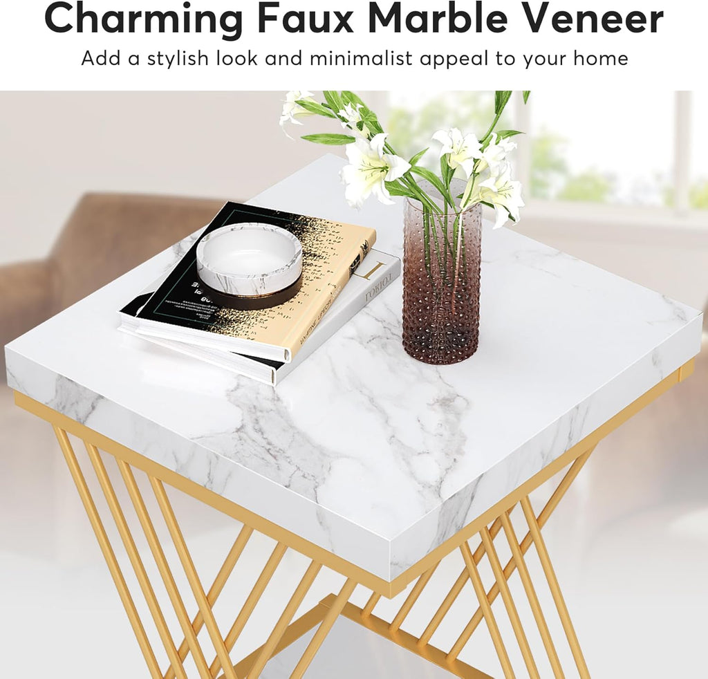 Square Side Table White Gold End Table 2-Tier Modern Small Bedside Accent Tables with Storage for Couch, Sofa Chairside Tables with Metal Frame for Living Room