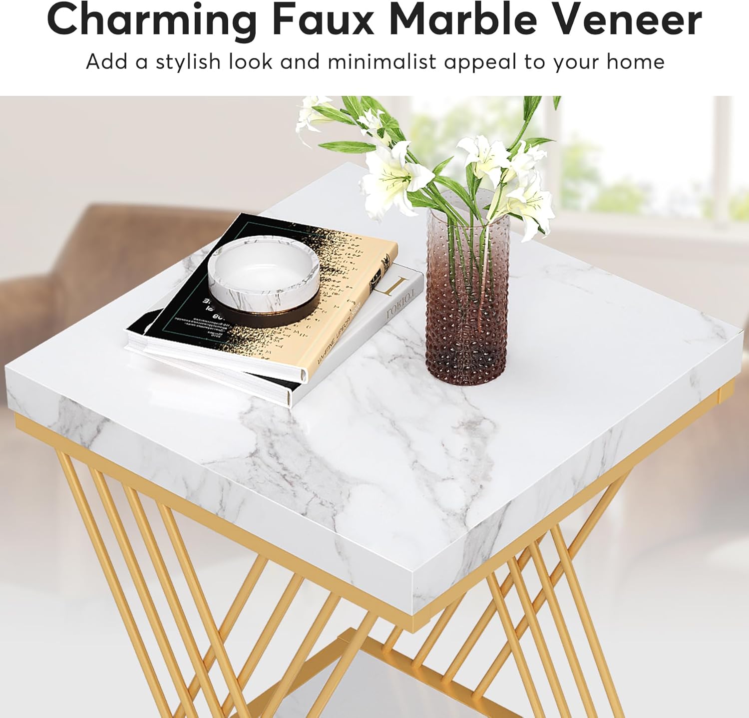Square Side Table White Gold End Table 2-Tier Modern Small Bedside Accent Tables with Storage for Couch, Sofa Chairside Tables with Metal Frame for Living Room