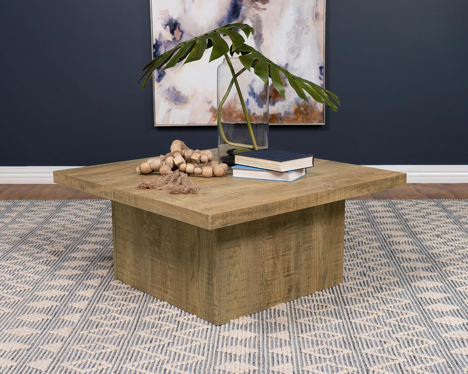 Square Coffee Table with Plinth Base, Geometric Design and Transitional Style