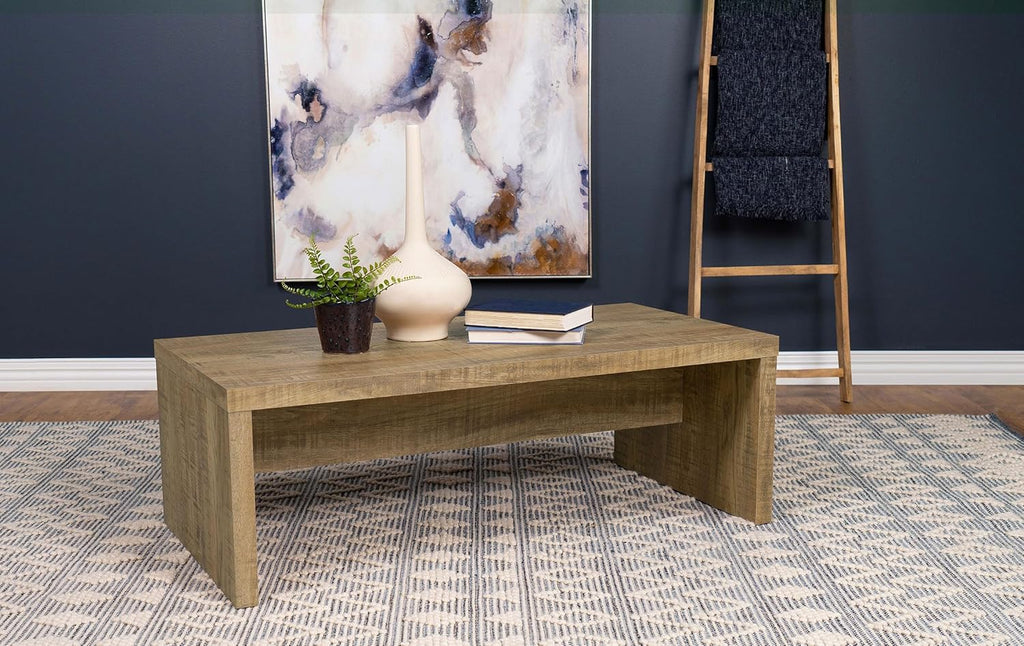 Wooden Coffee Table w/ Side Panels & Center Brace, Mango Wood - Modern Rectangular Living Room and Bedroom Furniture for House and Apartment