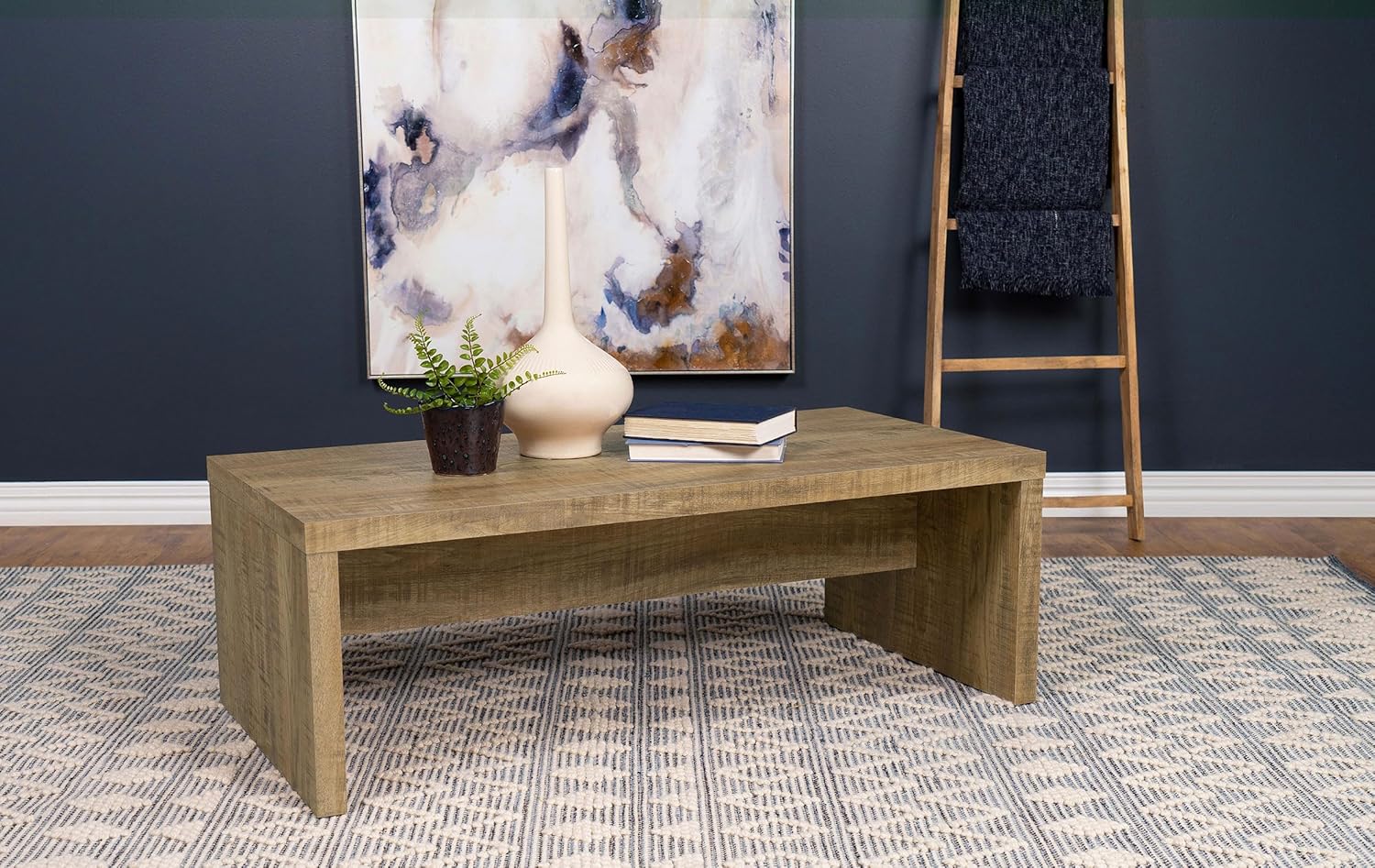 Wooden Coffee Table w/ Side Panels & Center Brace, Mango Wood - Modern Rectangular Living Room and Bedroom Furniture for House and Apartment
