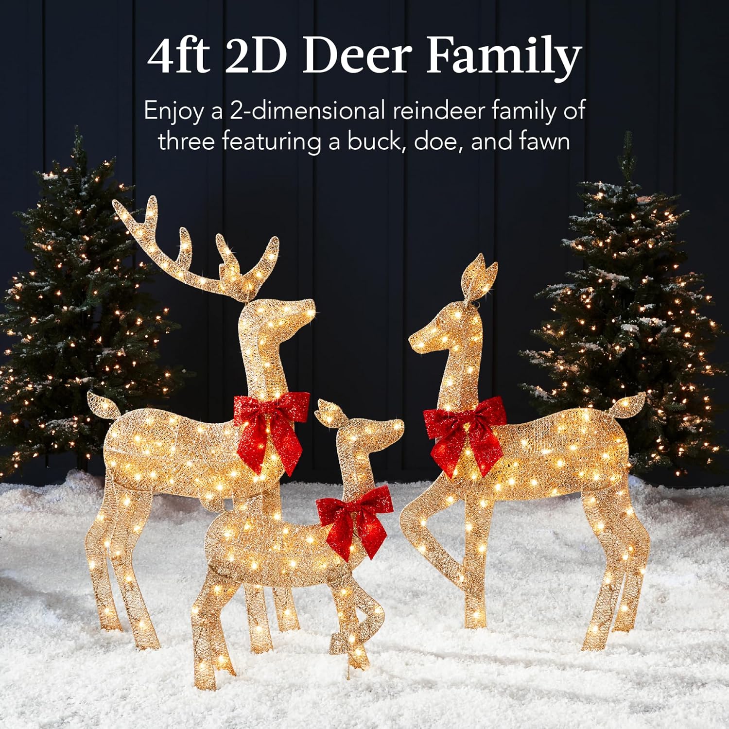 Christmas Deer Family Set Large Outdoor Yard Reindeer Holiday Decoration with 175 LED Lights, 4ft 3-Piece 2D Gold