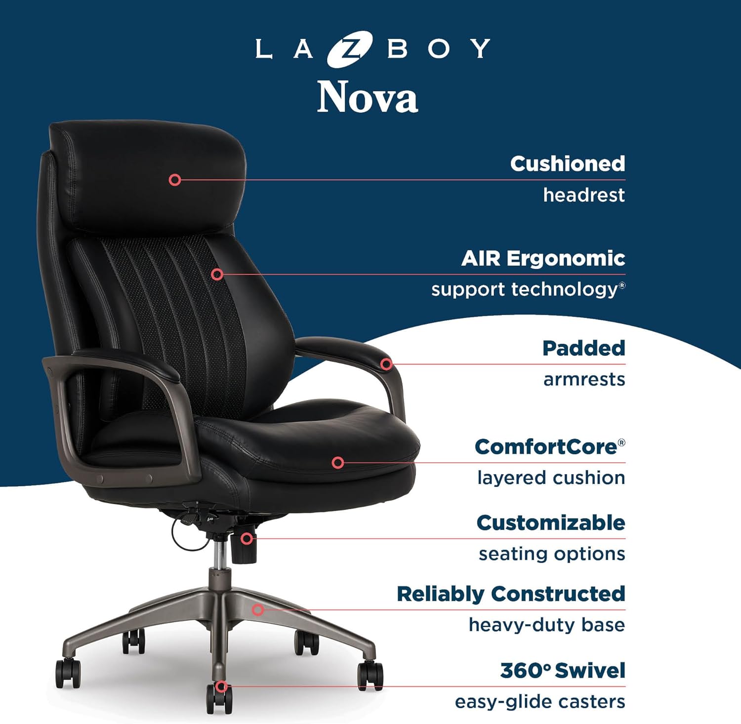 La-Z-Boy Nova Executive Office Chair - Ergonomic High Back Desk Chair with AIR Lumbar Support - Comfortable Computer Chair for Home Office - Vegan Leather - Black